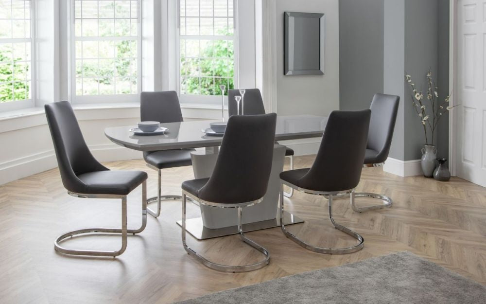 Como Grey High Gloss Extending 4-6 Seater Dining Table Set with 6 Cantilever Chairs