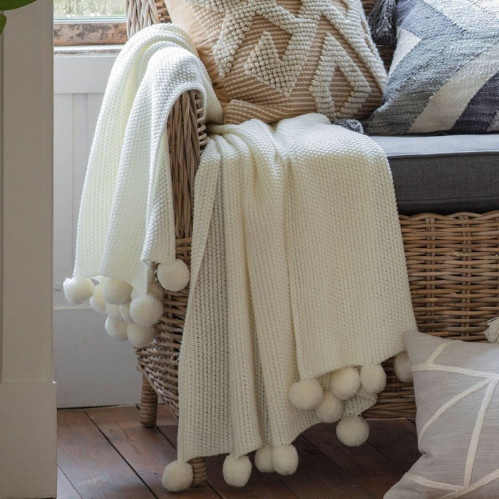 Rustic Moss Stitched Pom Pom Cream Fabric Throw