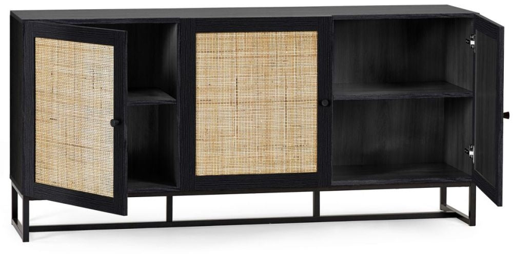 Padstow Black and Rattan 3 Door Sideboard