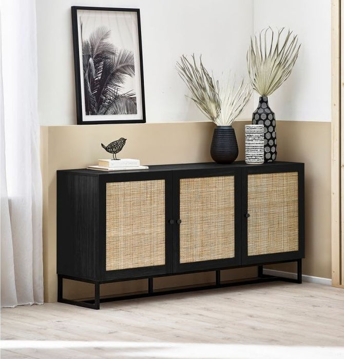 Padstow Black and Rattan 3 Door Sideboard