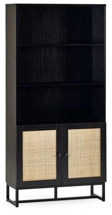 Padstow Black and Rattan 2 Door Tall Bookcase