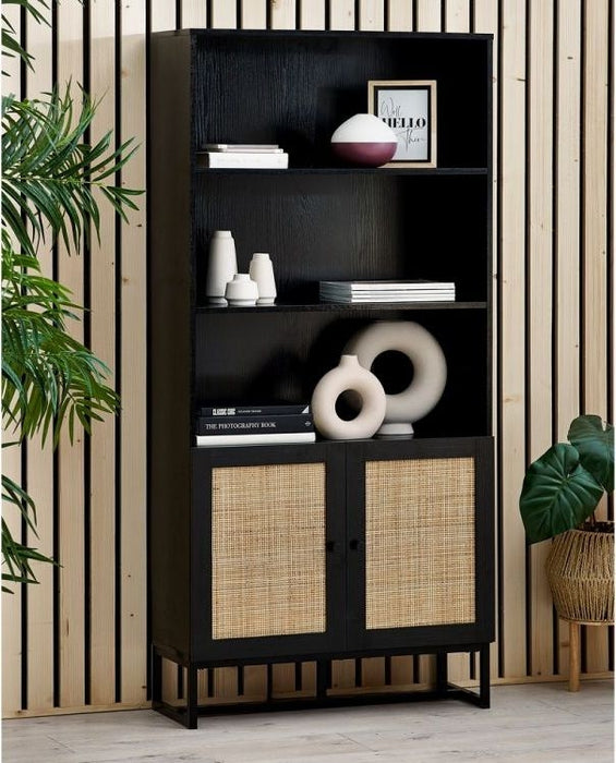 Padstow Black and Rattan 2 Door Tall Bookcase