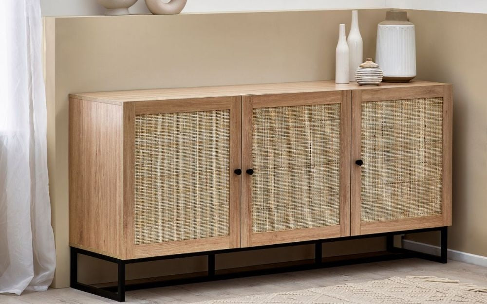Padstow Oak and Rattan 3 Door Sideboard