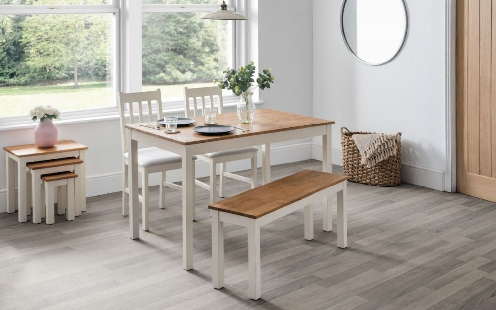 Coxmoor Ivory Painted 4 Seater Dining Set with Bench and 2 Chairs