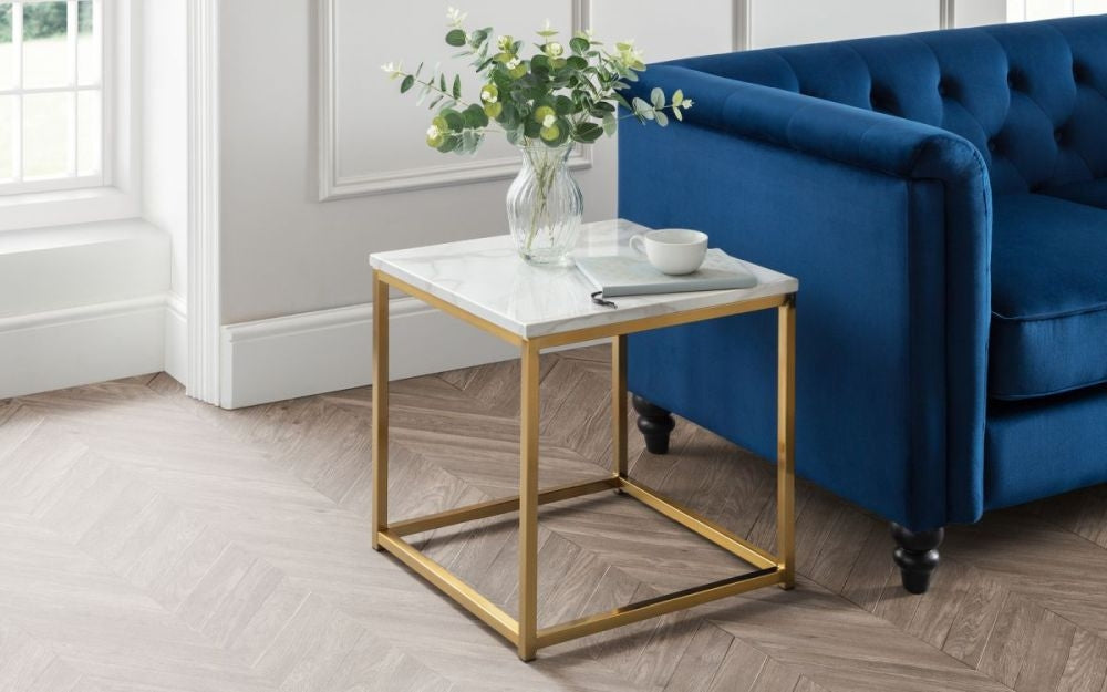 Scala White Marble and Gold Square Lamp Table