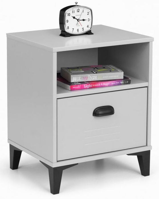 Lakers Grey Metal Effect Lacquer Pine 1 Drawer Bedside Cabinet