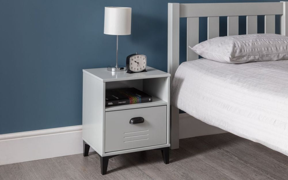 Lakers Grey Metal Effect Lacquer Pine 1 Drawer Bedside Cabinet