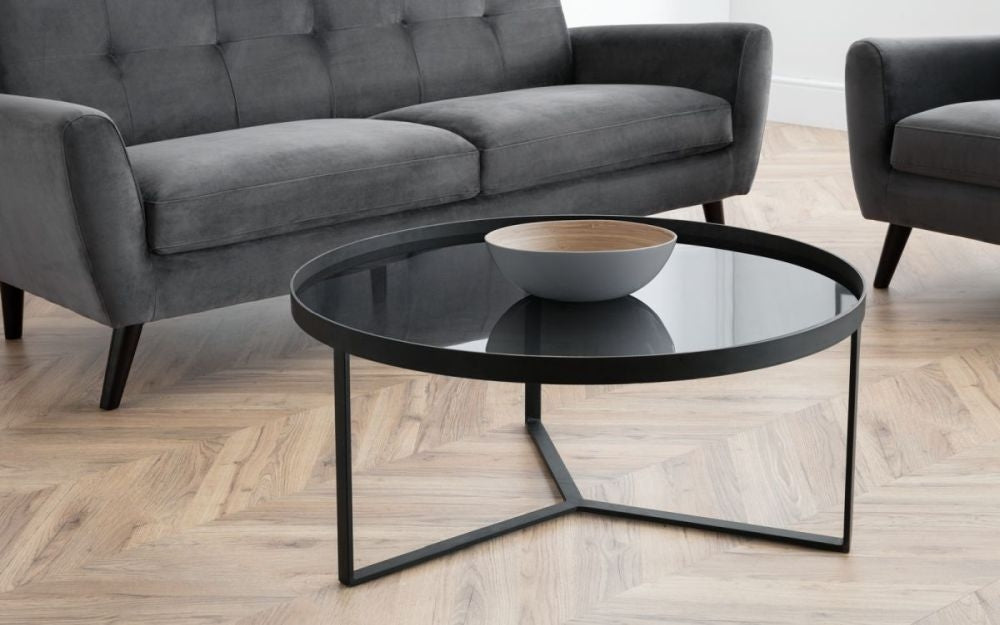 Loft Smoked Glass Top and Black Round Coffee Table