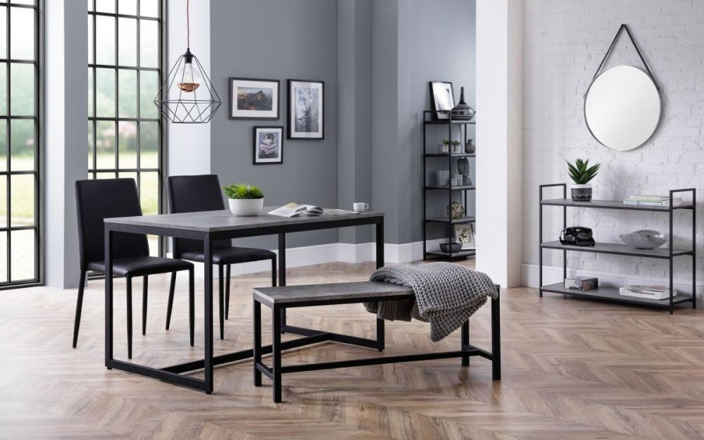 Staten Concrete Effect 4 Seater Dining Set with Jazz Black 2 Chair with 1 Bench