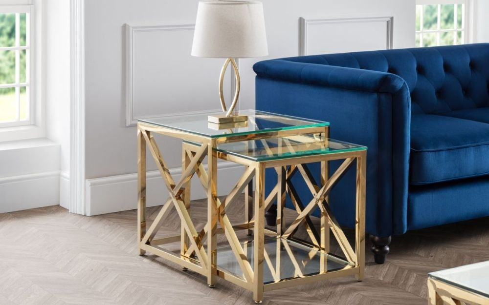Miami Glass and Gold Nest of 2 Tables