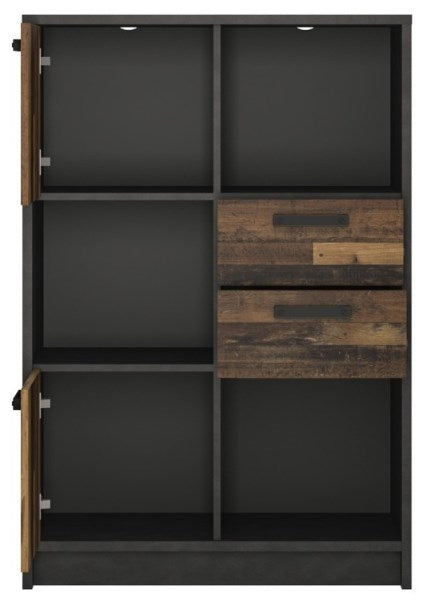 Brooklyn Low Bookcase with 2 Door 2 Drawer in Walnut and Dark Matera Grey