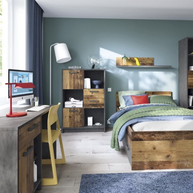 Brooklyn Low Bookcase with 2 Door 2 Drawer in Walnut and Dark Matera Grey
