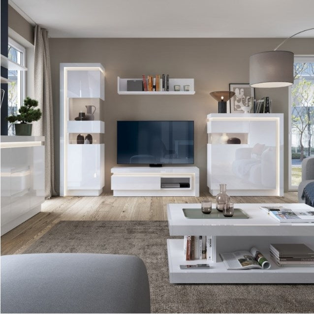 Lyon Tall Narrow Display Cabinet in White and High Gloss (RHD)