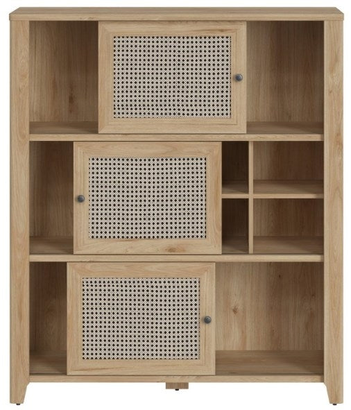 Cestino 3 Sliding Door Cabinet in Jackson Hickory Oak and Rattan Effect