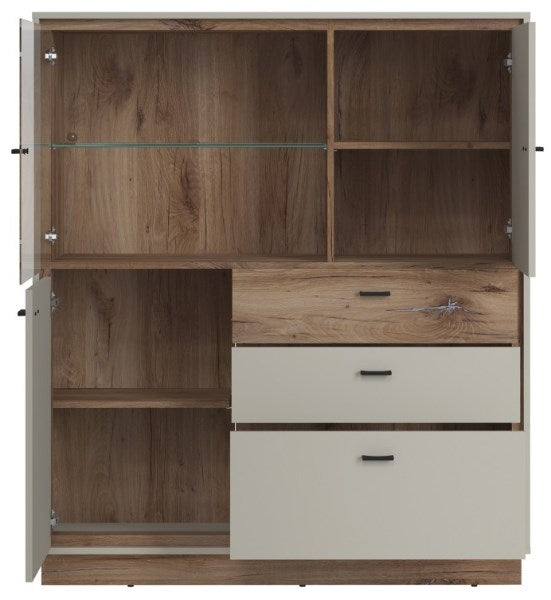 Rivero 3 Door 3 Drawer Low Display Cabinet in Grey and Oak