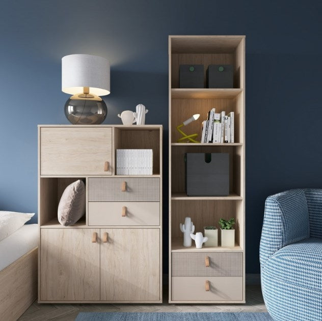 Denim 3 Door 2 Drawer Cabinet in Light Walnut, Grey Fabric Effect and Cashmere