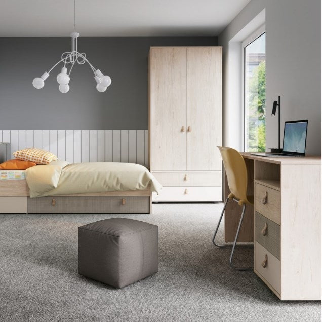 Denim 2 Door 2 Drawer Wardrobe in Light Walnut, Grey Fabric Effect and Cashmere