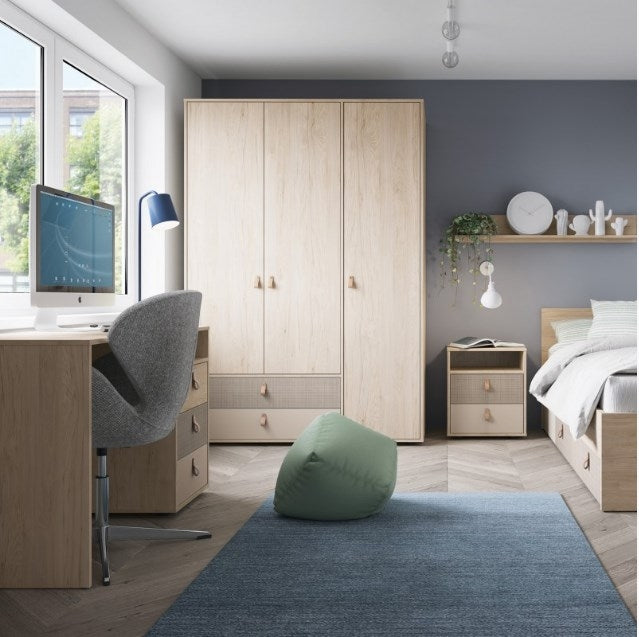 Denim 2 Drawer Bedside Cabinet in Light Walnut, Grey Fabric Effect and Cashmere