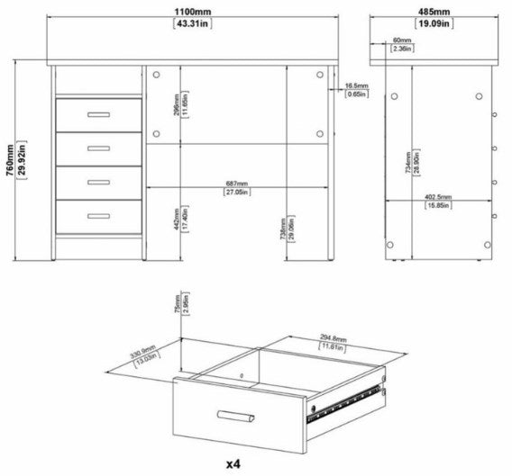 Function Plus 4 Drawer Desk in White