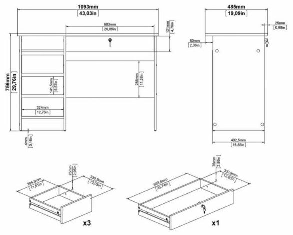 Function Plus Desk 3+1 Handle Free Drawer in White