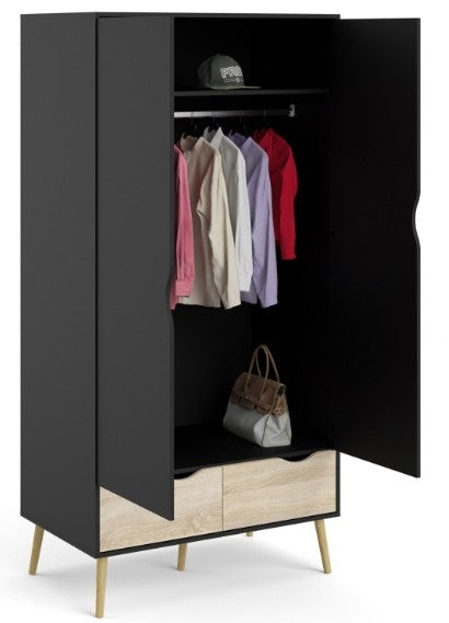 Oslo Wardrobe 2 Door 2 Drawer in Black and Oak