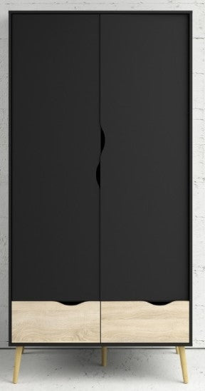Oslo Wardrobe 2 Door 2 Drawer in Black and Oak