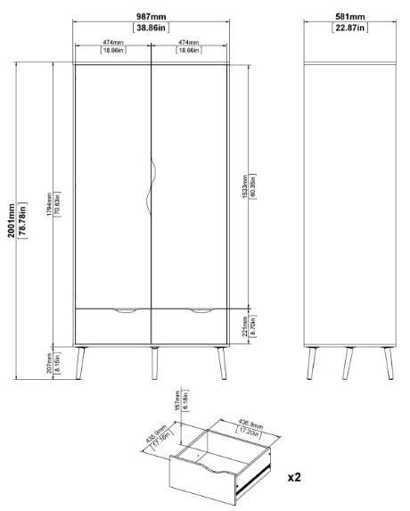 Oslo Wardrobe 2 Door 2 Drawer in Black and Oak