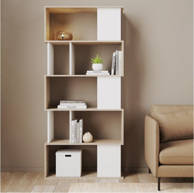 Maze Open Bookcase 4 Shelves in Hickory Oak and White