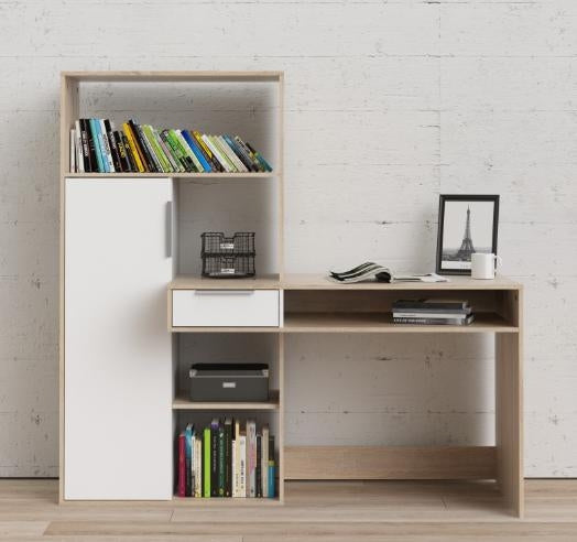 Function Plus Desk Multi-Functional Desk with Drawer and 1 Door in White and Oak