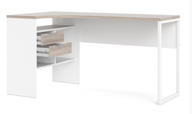 Function Plus White Corner Desk 2 Drawer in White and Truffle Oak