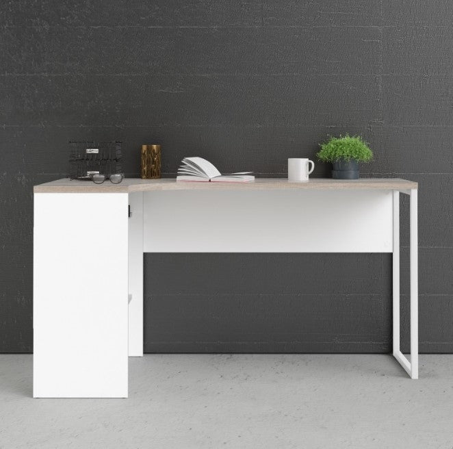 Function Plus White Corner Desk 2 Drawer in White and Truffle Oak