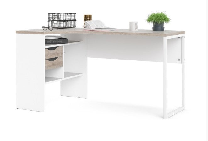 Function Plus White Corner Desk 2 Drawer in White and Truffle Oak