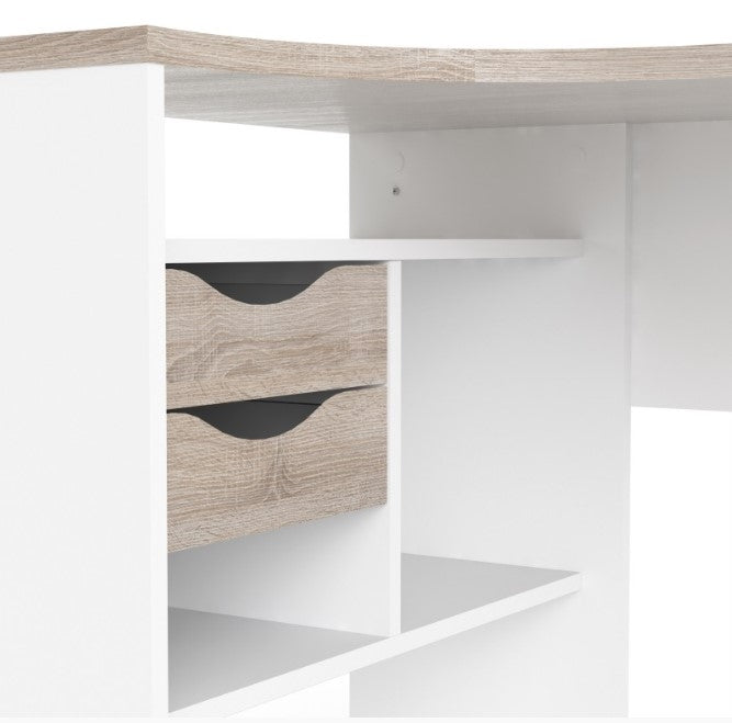 Function Plus White Corner Desk 2 Drawer in White and Truffle Oak