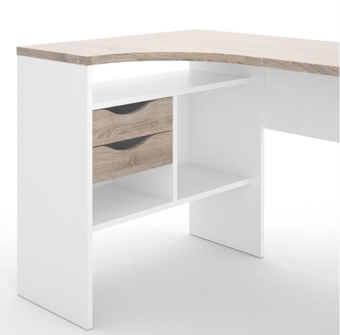 Function Plus White Corner Desk 2 Drawer in White and Truffle Oak