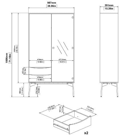 Fur China Cabinet 1 Door 1 Glass Door 2 Drawer in Grey, White and Walnut
