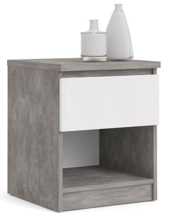 Naia Bedside 1 Drawer 1 Shelf in Concrete and White High Gloss