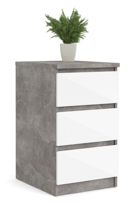 Naia Bedside 3 Drawer in Concrete and White High Gloss