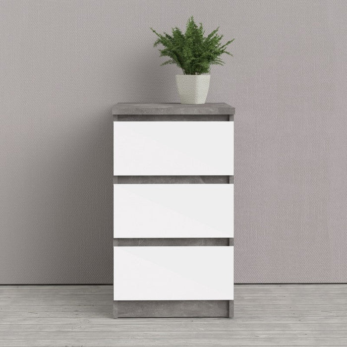Naia Bedside 3 Drawer in Concrete and White High Gloss