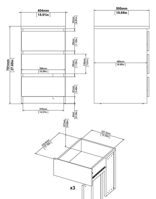 Naia Bedside 3 Drawer in Concrete and White High Gloss