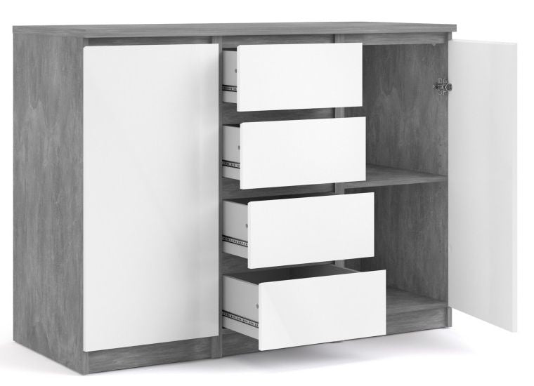 Naia Sideboard 4 Drawer 2 Door in Concrete and White High Gloss