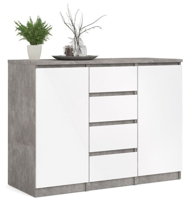 Naia Sideboard 4 Drawer 2 Door in Concrete and White High Gloss