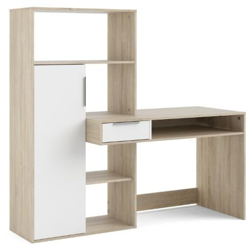 Function Plus Desk Multi-Functional Desk with Drawer and 1 Door in White and Oak