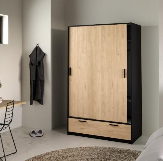 Line Wardrobe with 2 Door 2 Drawer in Black and Jackson Hickory Oak