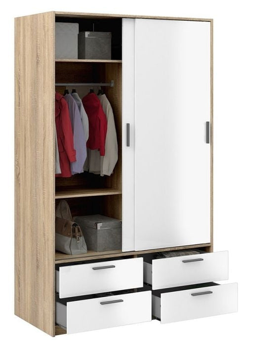 Line Wardrobe 2 Door 4 Drawer in Oak with White High Gloss