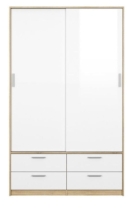 Line Wardrobe 2 Door 4 Drawer in Oak with White High Gloss