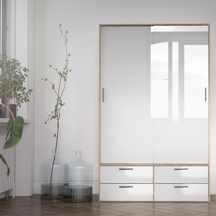 Line Wardrobe 2 Door 4 Drawer in Oak with White High Gloss