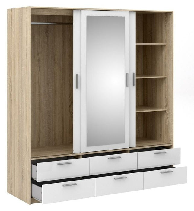 Line Wardrobe 3 Door 6 Drawer in Oak with White High Gloss