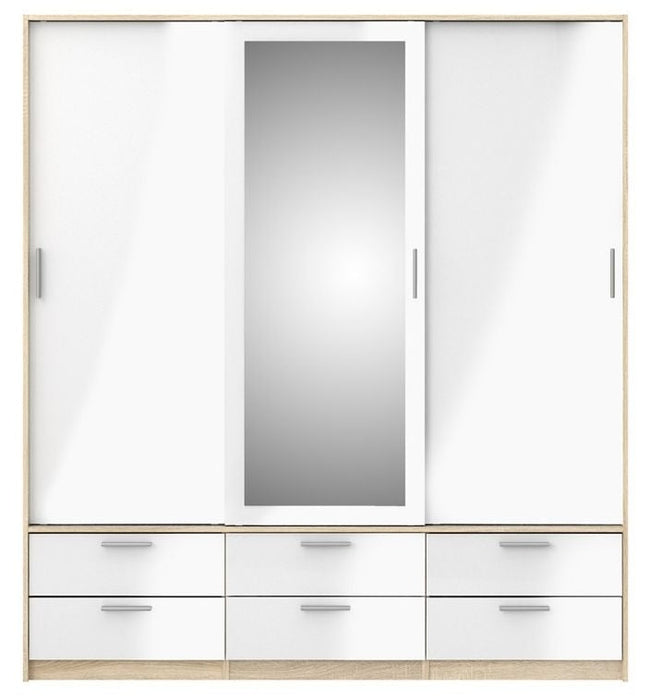 Line Wardrobe 3 Door 6 Drawer in Oak with White High Gloss