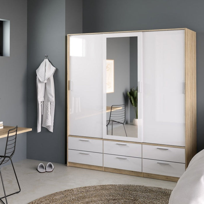Line Wardrobe 3 Door 6 Drawer in Oak with White High Gloss