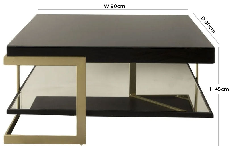 Ardella Black Glass Square Coffee Table - Gold Base